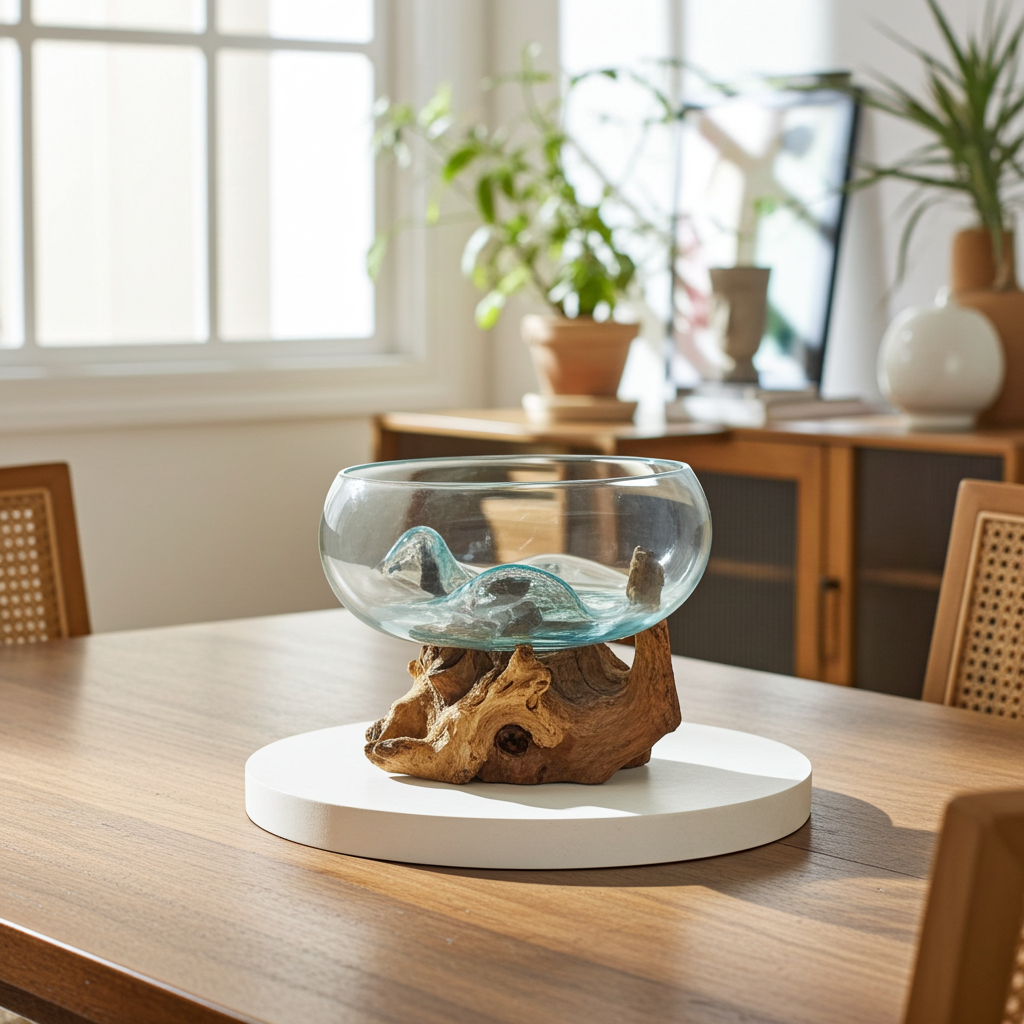 Molton Glass Open Top Large Bowl On Wooden Stand