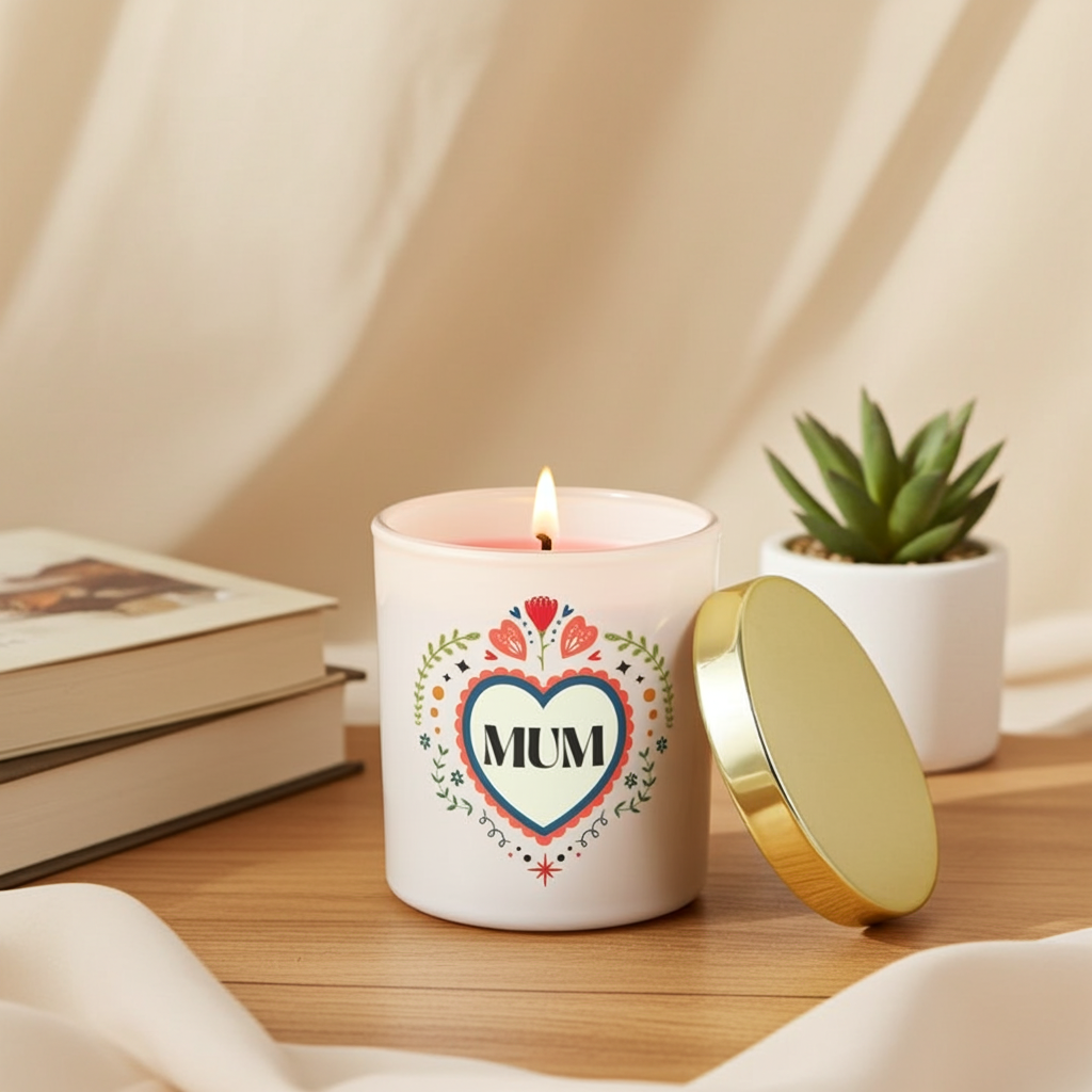 French Tulip Scented Candle for Mum | Cream Glass Jar with Folk Heart Design | 28hr Burn | Mother’s Day Gift