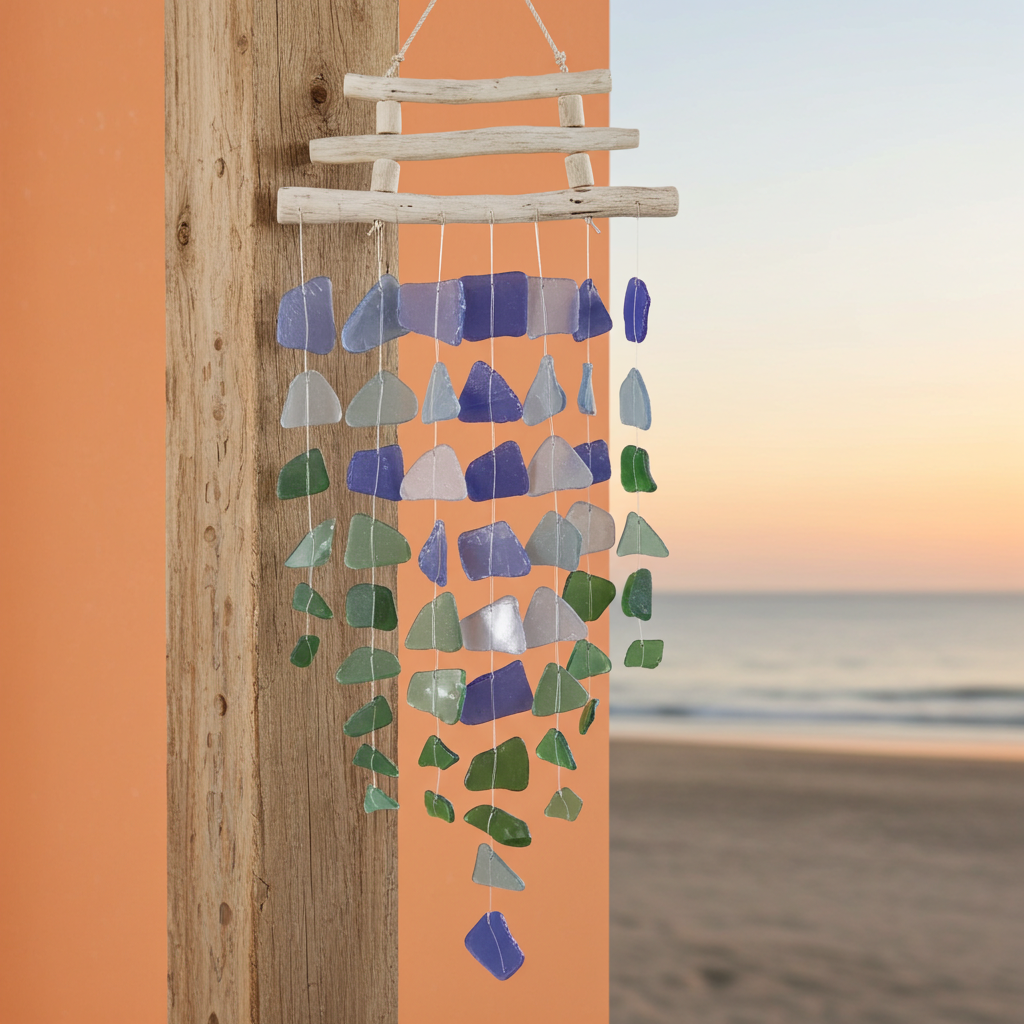 Recycled Glass Three Stick Wind Chimes - Blue & Green
