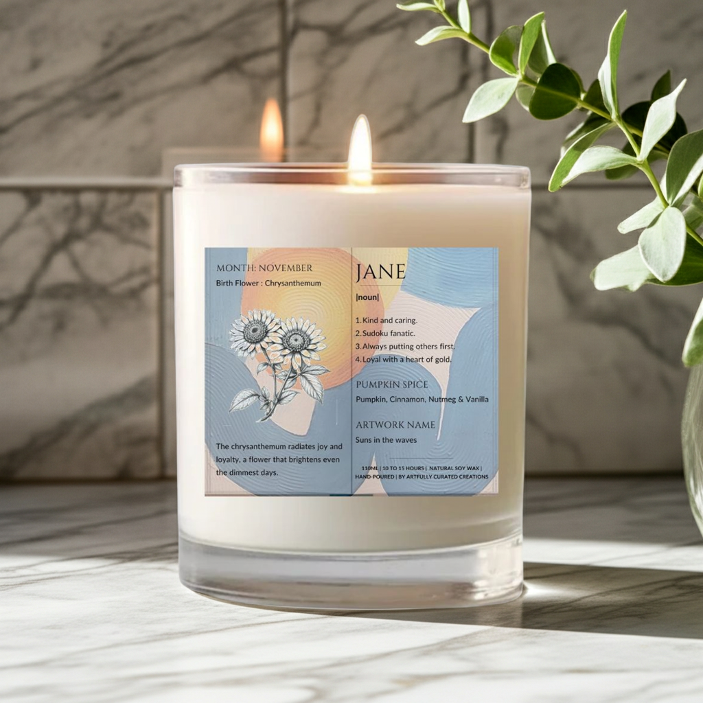 The Definition of you birth flower customisable scented artwork candle transparent Jar | Handmade | A personal gift - Artfully Curated Creations and identify whats in the image