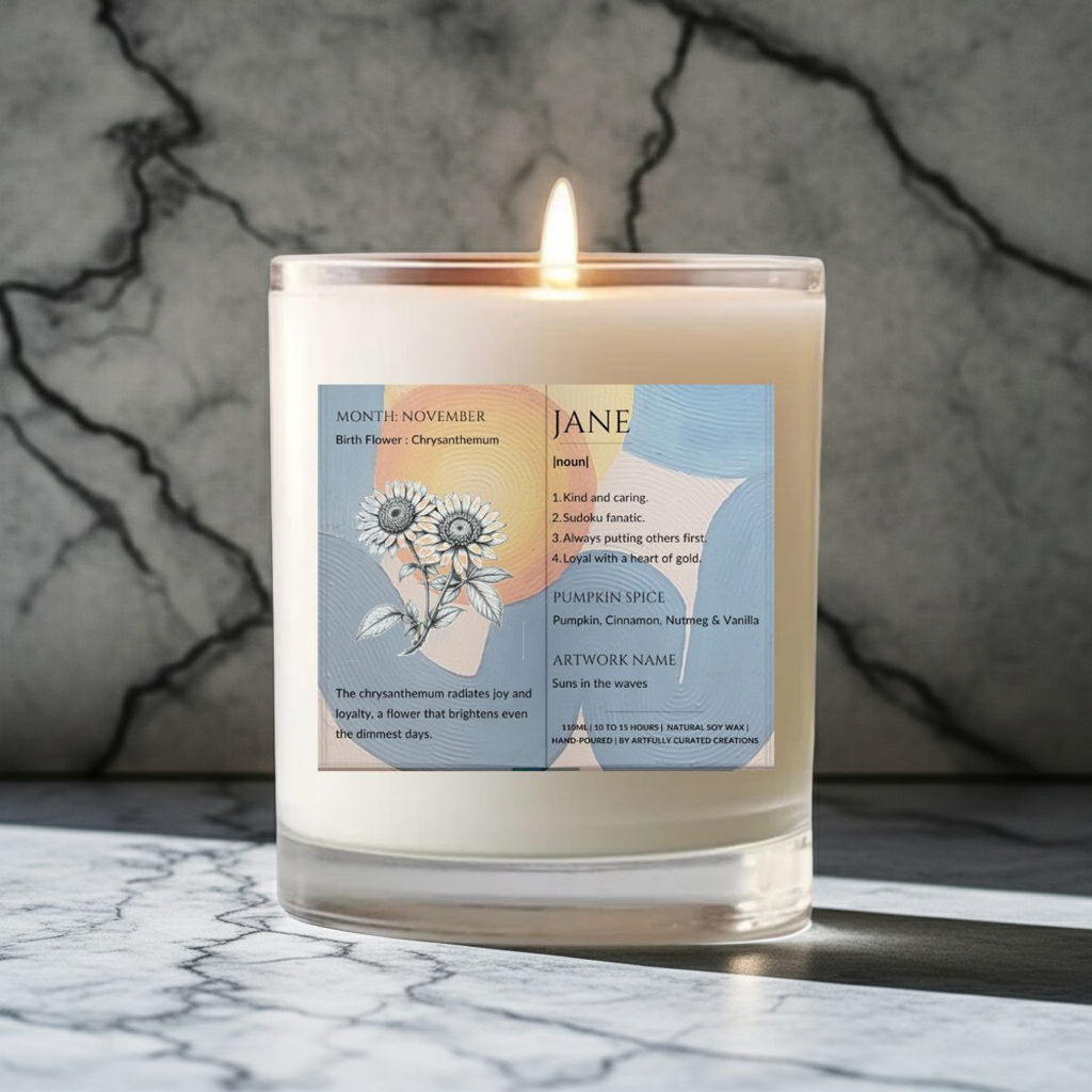 The Definition of you birth flower customisable scented artwork candle transparent Jar | Handmade | A personal gift - Artfully Curated Creations and identify whats in the image