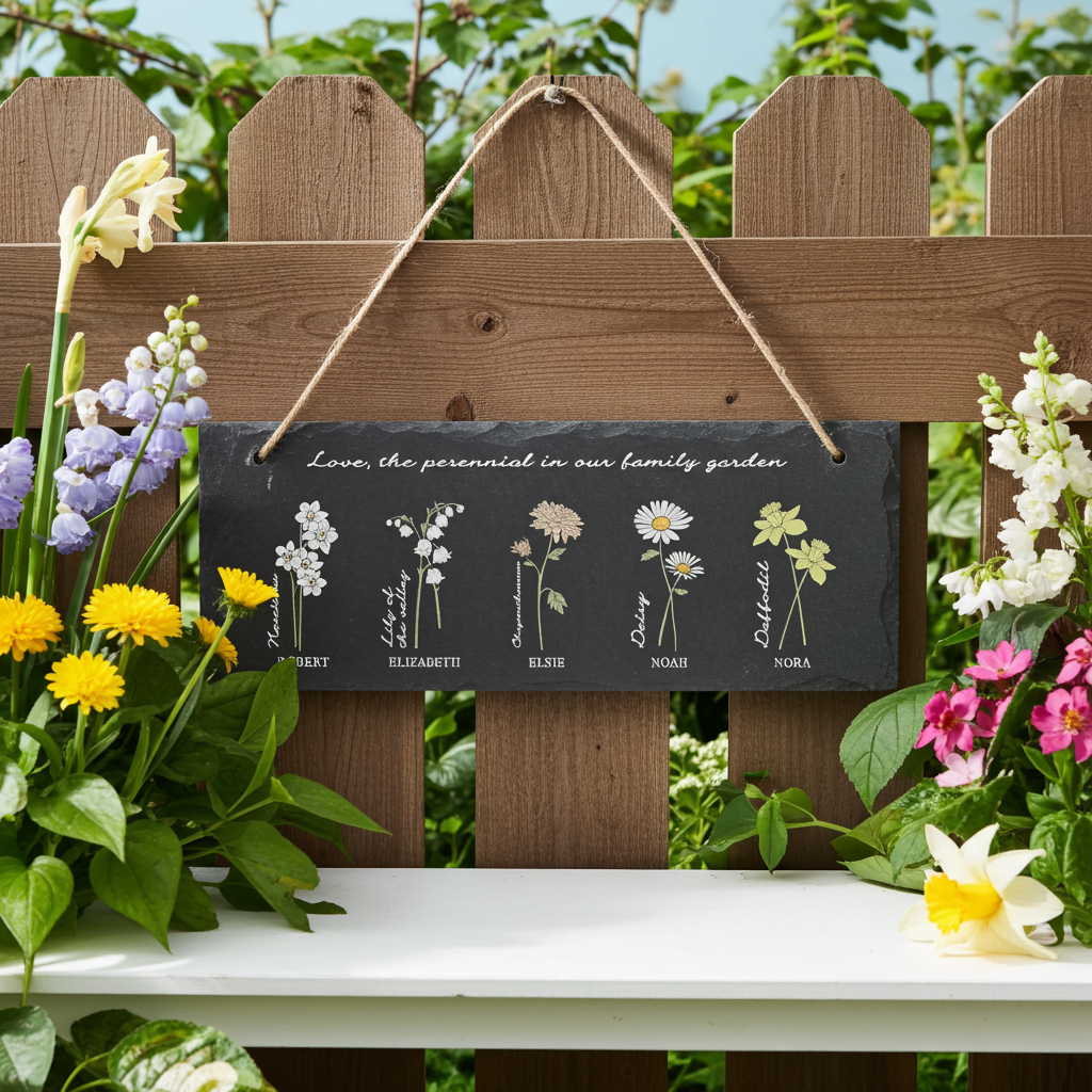 Decorative sign with floral illustrations and text hanging on a wooden fence with flowers around.
