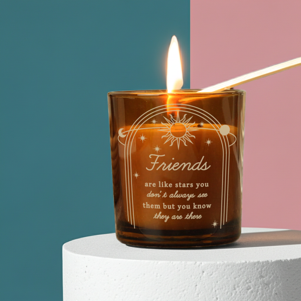 Personalised Celestial Vanilla Scented Candle In Amber Glass Jar | Handmade | A personal gift - Artfully Curated Creations and identify whats in the image