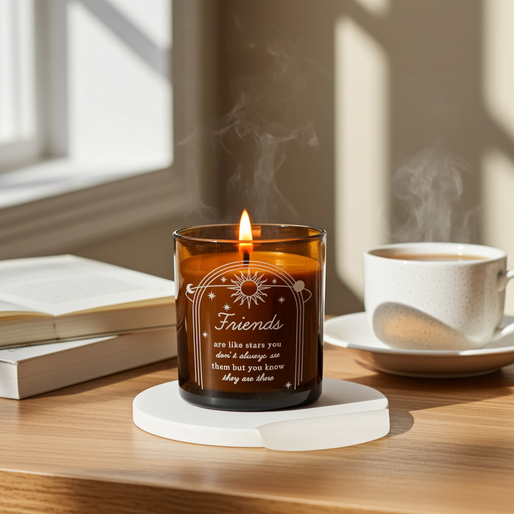 Personalised Celestial Vanilla Scented Candle In Amber Glass Jar | Handmade | A personal gift - Artfully Curated Creations and identify whats in the image