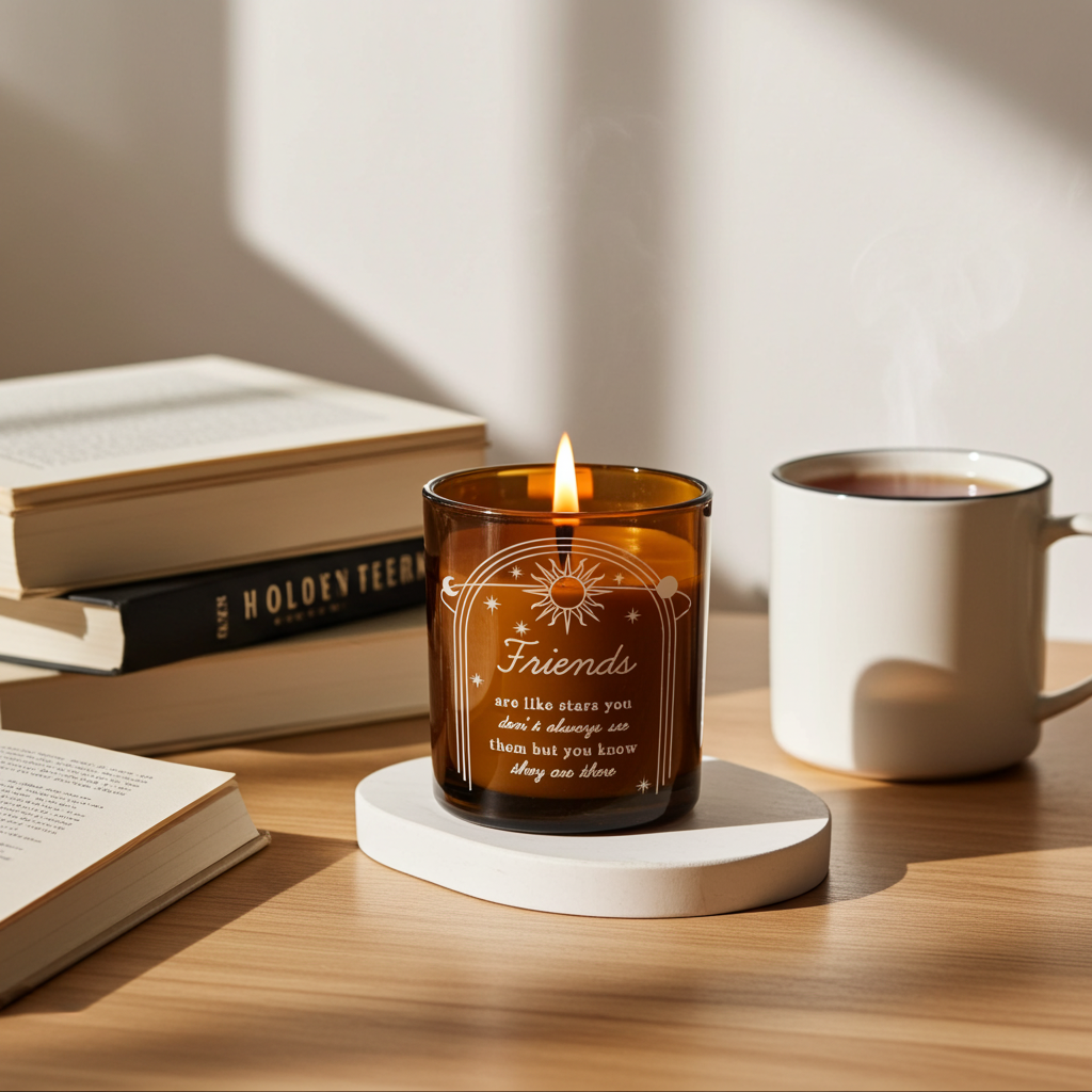 Personalised Celestial Vanilla Scented Candle In Amber Glass Jar | Handmade | A personal gift - Artfully Curated Creations and identify whats in the image