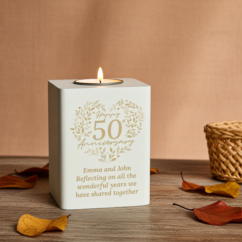 Personalised 50th Anniversary Tealight Holder | Golden Anniversary Keepsake - Artfully Curated Creations and identify whats in the image