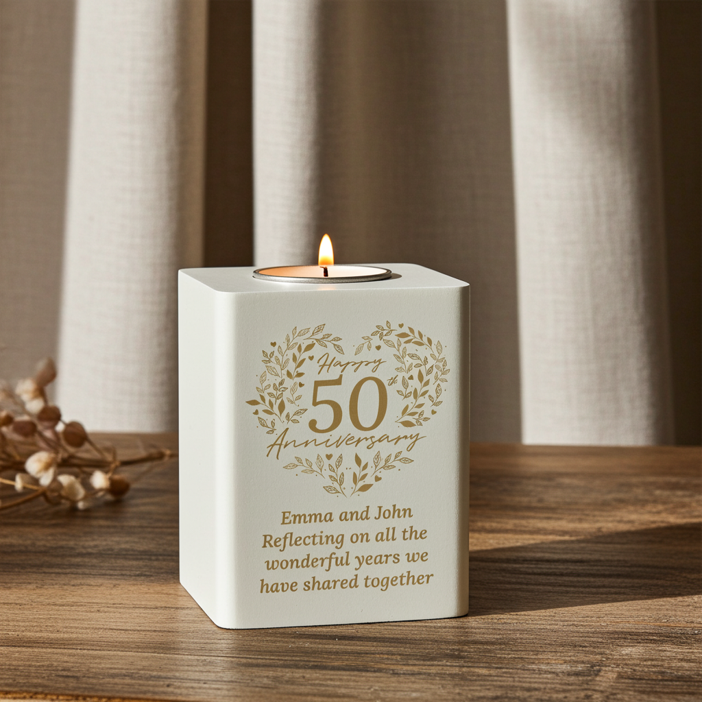 Personalised 50th Anniversary Tealight Holder | Golden Anniversary Keepsake - Artfully Curated Creations and identify whats in the image