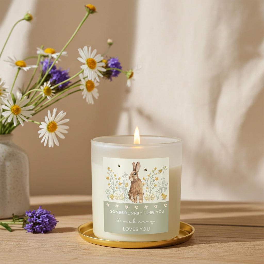 Personalised Spring Bunny Vanilla Candle Jar | Custom Seasonal Gift - Artfully Curated Creations and identify whats in the image