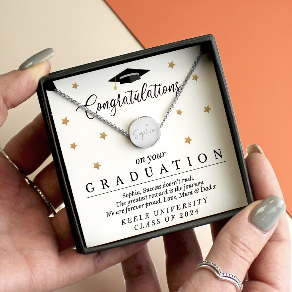 Personalised Graduation Necklace | Engraved Sentiment Card & Gift Box Keepsake - Artfully Curated Creations and identify whats in the image