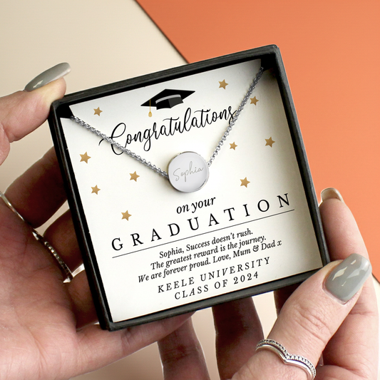 Personalised Graduation Necklace | Engraved Sentiment Card & Gift Box Keepsake - Artfully Curated Creations and identify whats in the image