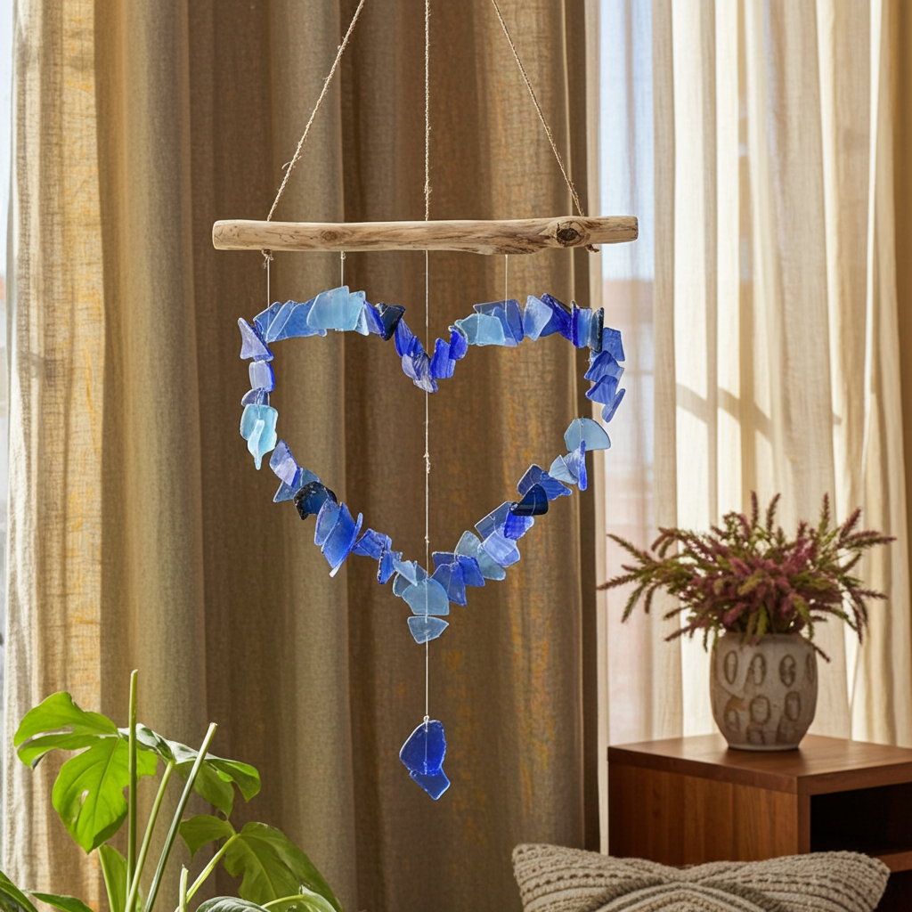 Recycled Glass Love Wind Chimes - Blue
