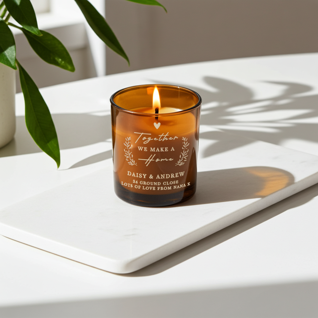 Personalised “Together We Make a Home” Amber Glass Candle Jar | Custom Housewarming Gift - Artfully Curated Creations and identify whats in the image
