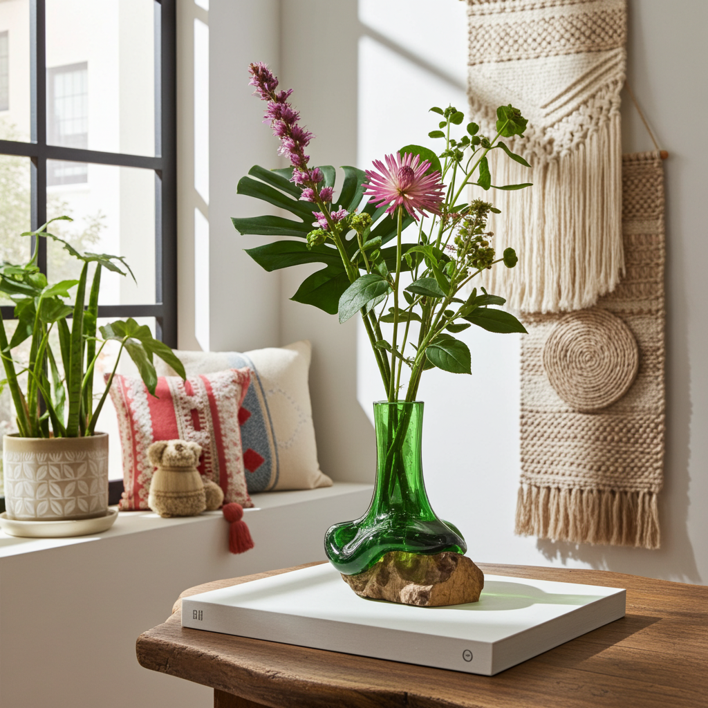 Molton Recycled Beer Bottle Glass Mini Flower Vase On Wooden Stand