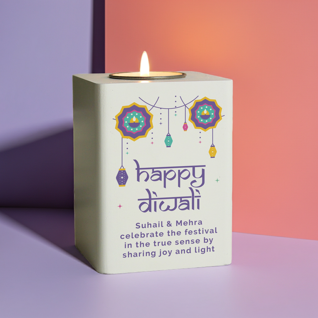 Personalised Wooden Tealight Holder | Diwali ‘Festival of Lights’ Gift - Artfully Curated Creations and identify whats in the image