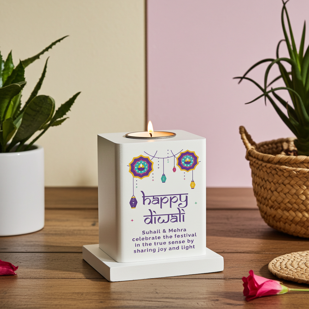 Personalised Wooden Tealight Holder | Diwali ‘Festival of Lights’ Gift - Artfully Curated Creations and identify whats in the image