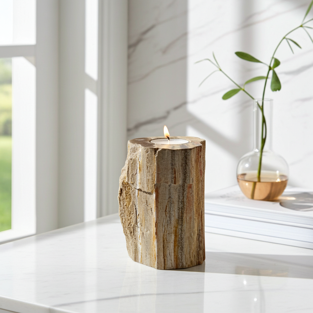 Petrified Wood Tall Single Candle Holder