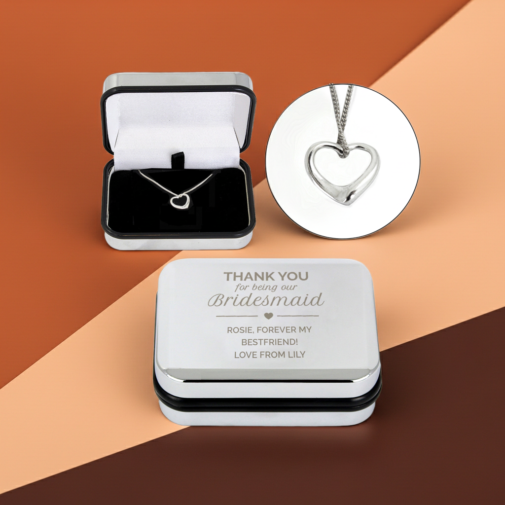 Personalised Bridesmaid Heart Necklace | Engraved Chrome Gift Box - Artfully Curated Creations and identify whats in the image