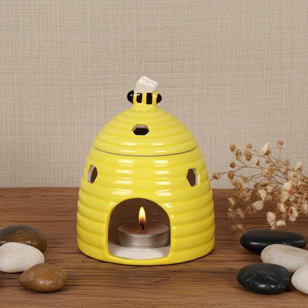 Yellow Beehive Ceramic Oil Burner with Bee Lid & Honeycomb Cutouts Aromatherapy Burner for Fragrance Oils