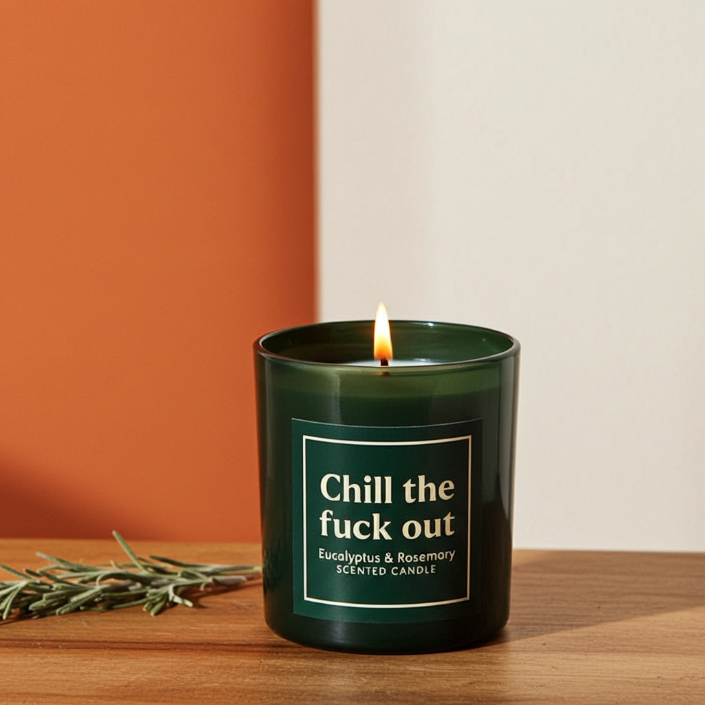 Sweary Candle Eucalyptus & Rosemary Scented Funny Self-Care Gift for Stressed Adults, Chill Out Aromatherapy Jar