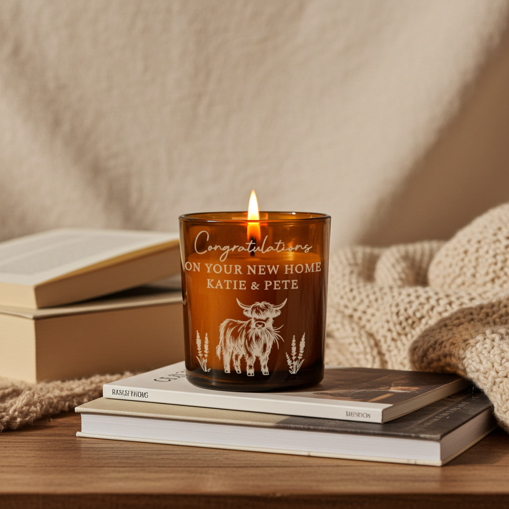 Highland Cow Personalised Amber Glass Vanilla Candle Jar | Custom Message Gift for Any Occasion - Artfully Curated Creations and identify whats in the image