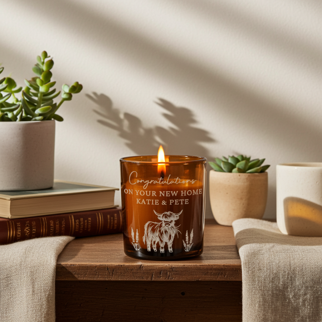 Highland Cow Personalised Amber Glass Vanilla Candle Jar | Custom Message Gift for Any Occasion - Artfully Curated Creations and identify whats in the image