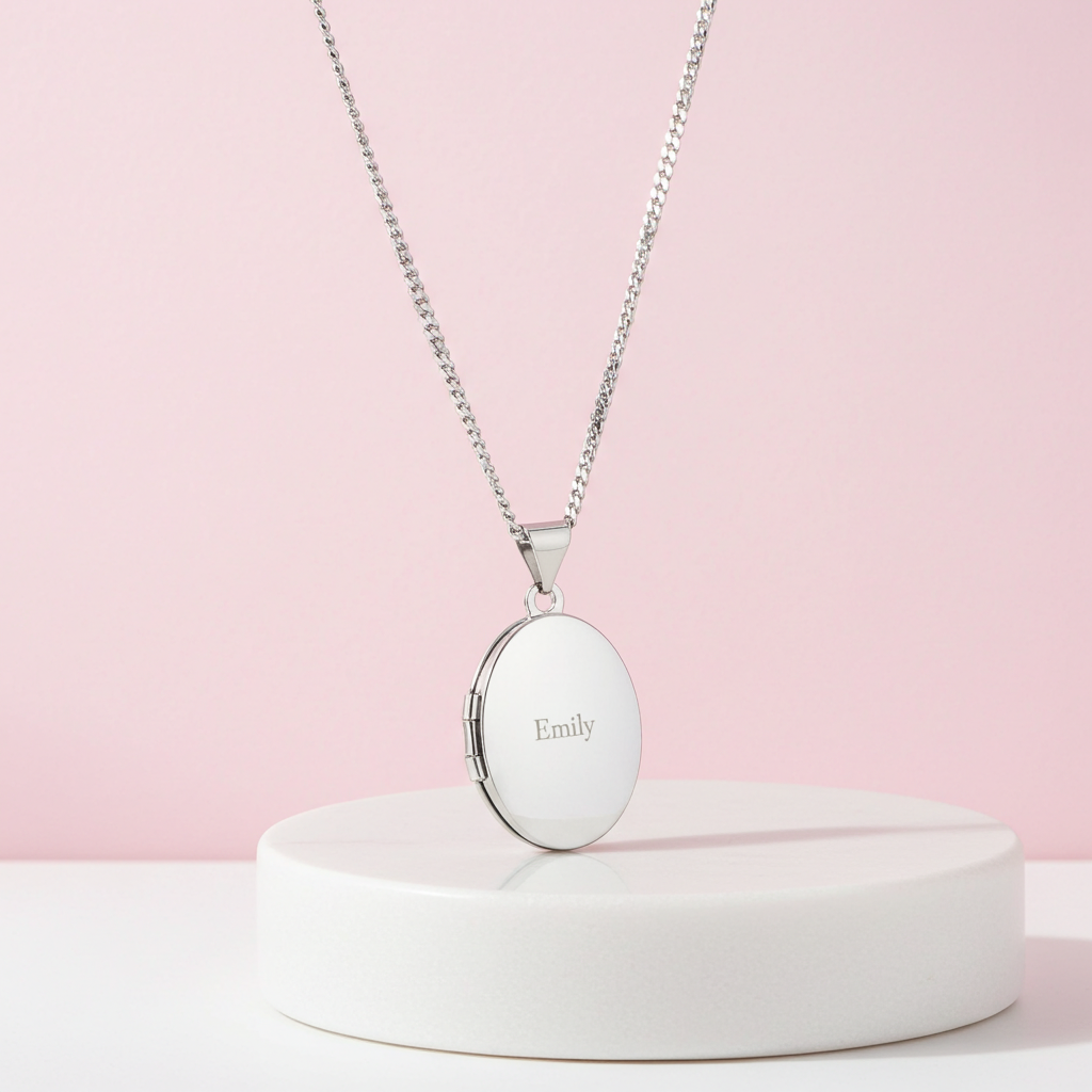 Personalised Sterling Silver Oval Locket | Engraved Name & Photo Keepsake Gift Box - Artfully Curated Creations and identify whats in the image