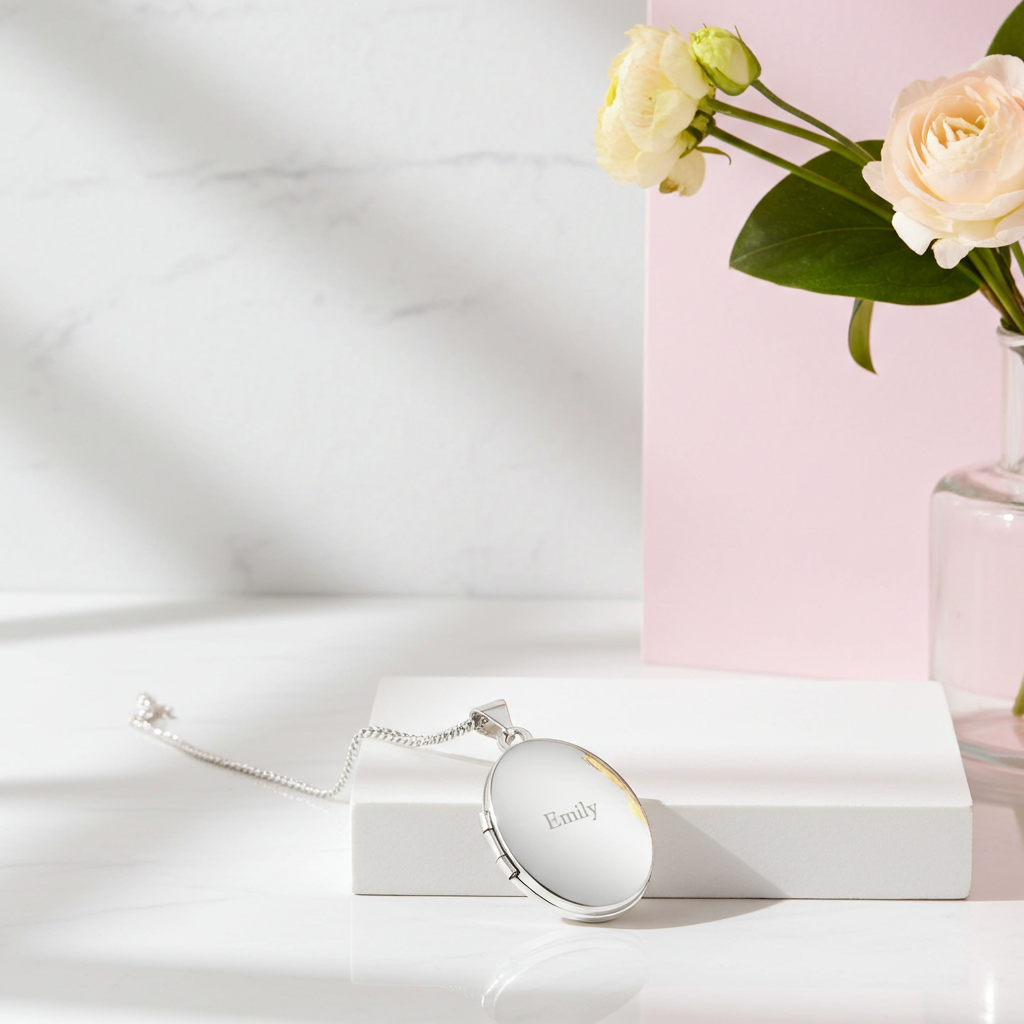 Personalised Sterling Silver Oval Locket | Engraved Name & Photo Keepsake Gift Box - Artfully Curated Creations and identify whats in the image