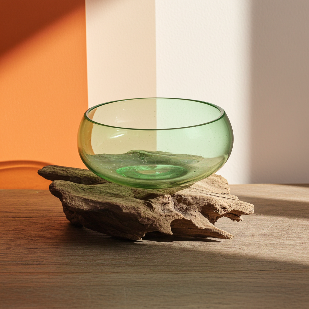 Molton Recycled Beer Bottle Glass Large Wide Bowl On Wooden Stand