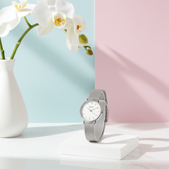Personalised Ladies Blanc Luxury Handcrafted Watch By Architect London with Stainless Steel Silver Case, Mesh Strap & Gift Box | Modern Font Engraving | A Personal Gift