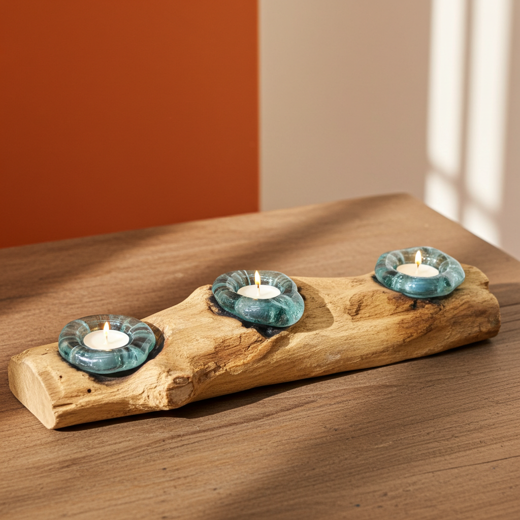 Molton Glass Flat Triple Candle Holder On Wood