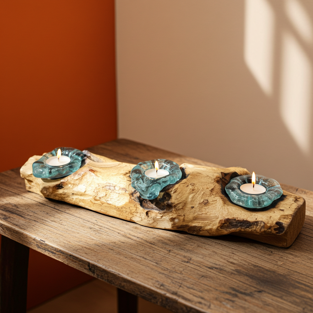 Molton Glass Flat Triple Candle Holder On Wood