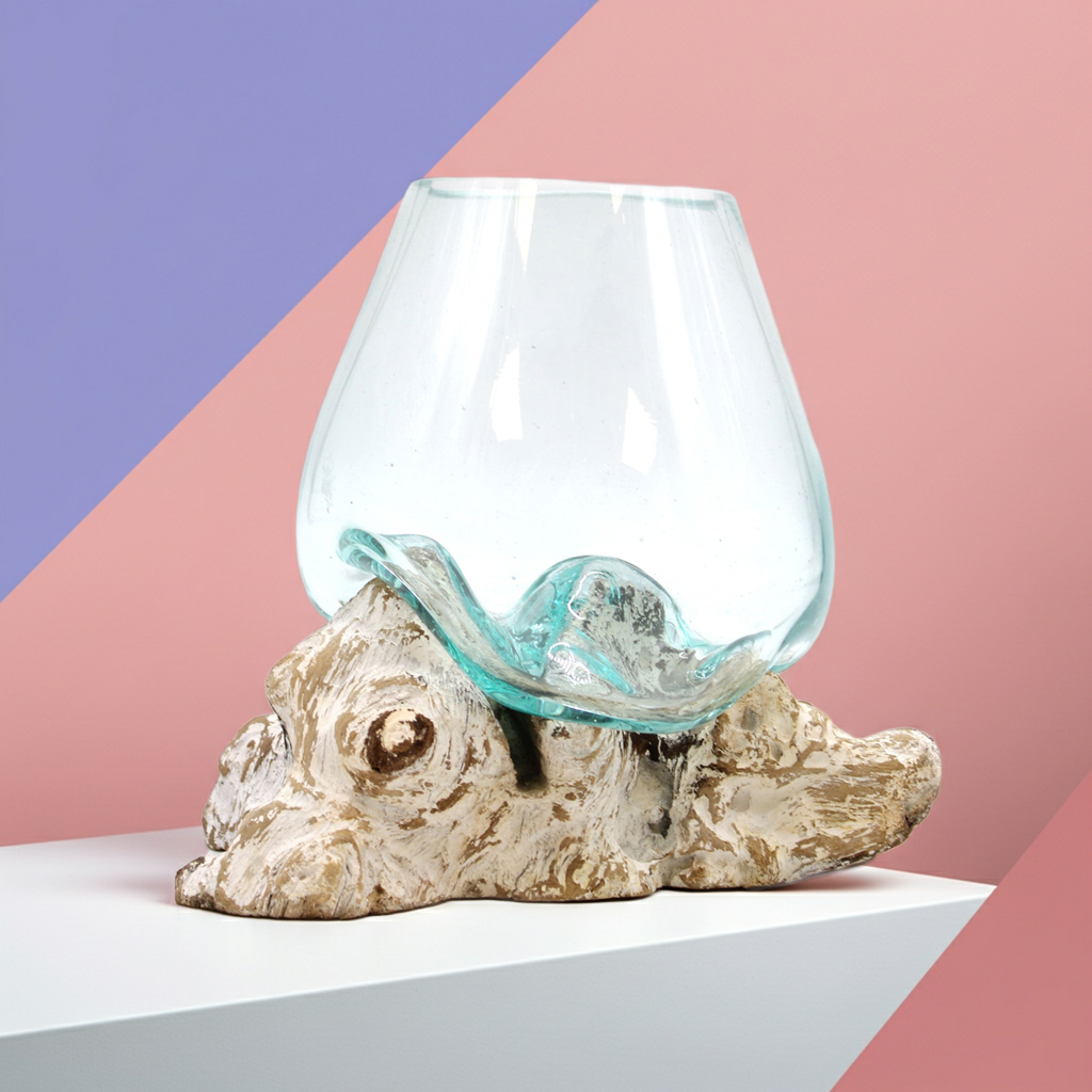 Molton Glass Large Bowl On A Whitewashed Wooden Stand