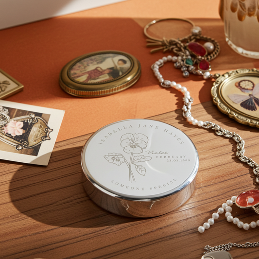 Round silver container with floral design on a wooden surface with jewelry and cards.