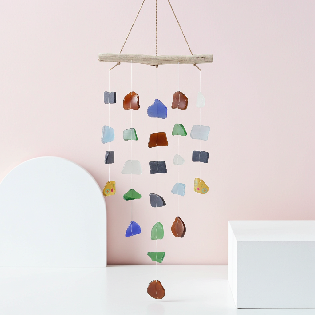 Recycled Glass Simple Five String Wind Chimes - Multi Coloured