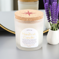 Opalite Crystal Candle – Lavender & Patchouli Scent – Manifestation Candle in Frosted Jar with Cork Lid, 25-Hour Burn Time