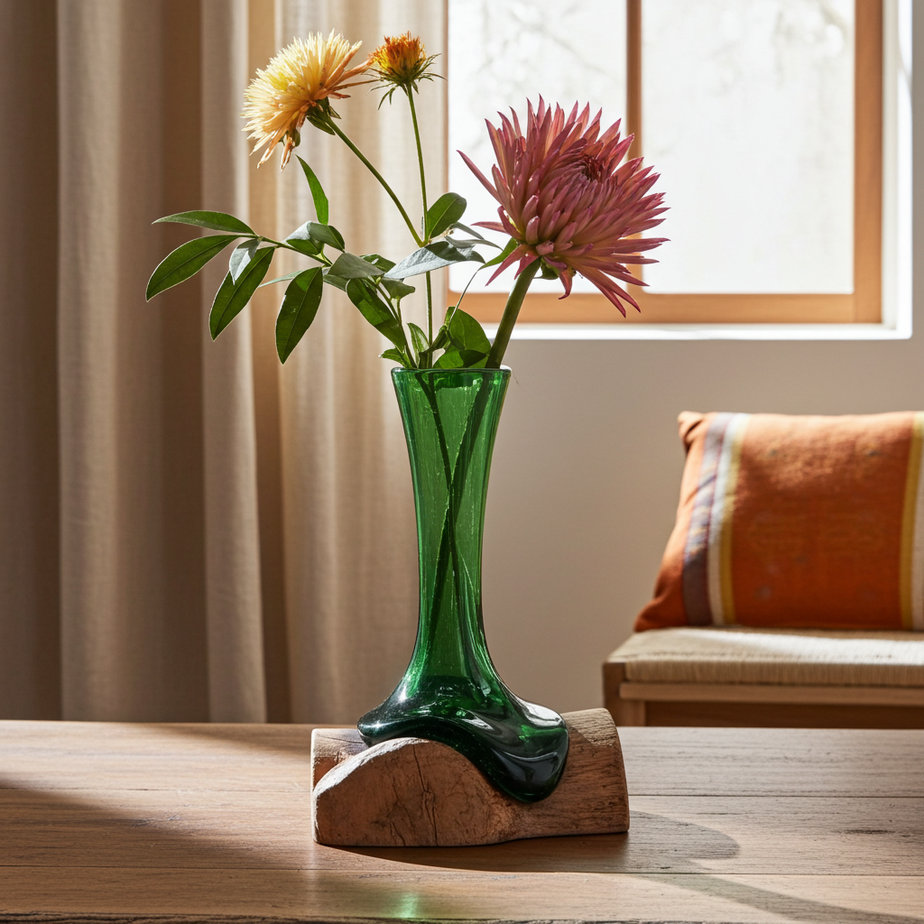 Molton Recycled Beer Bottle Glass Flower Vase On Wooden Stand