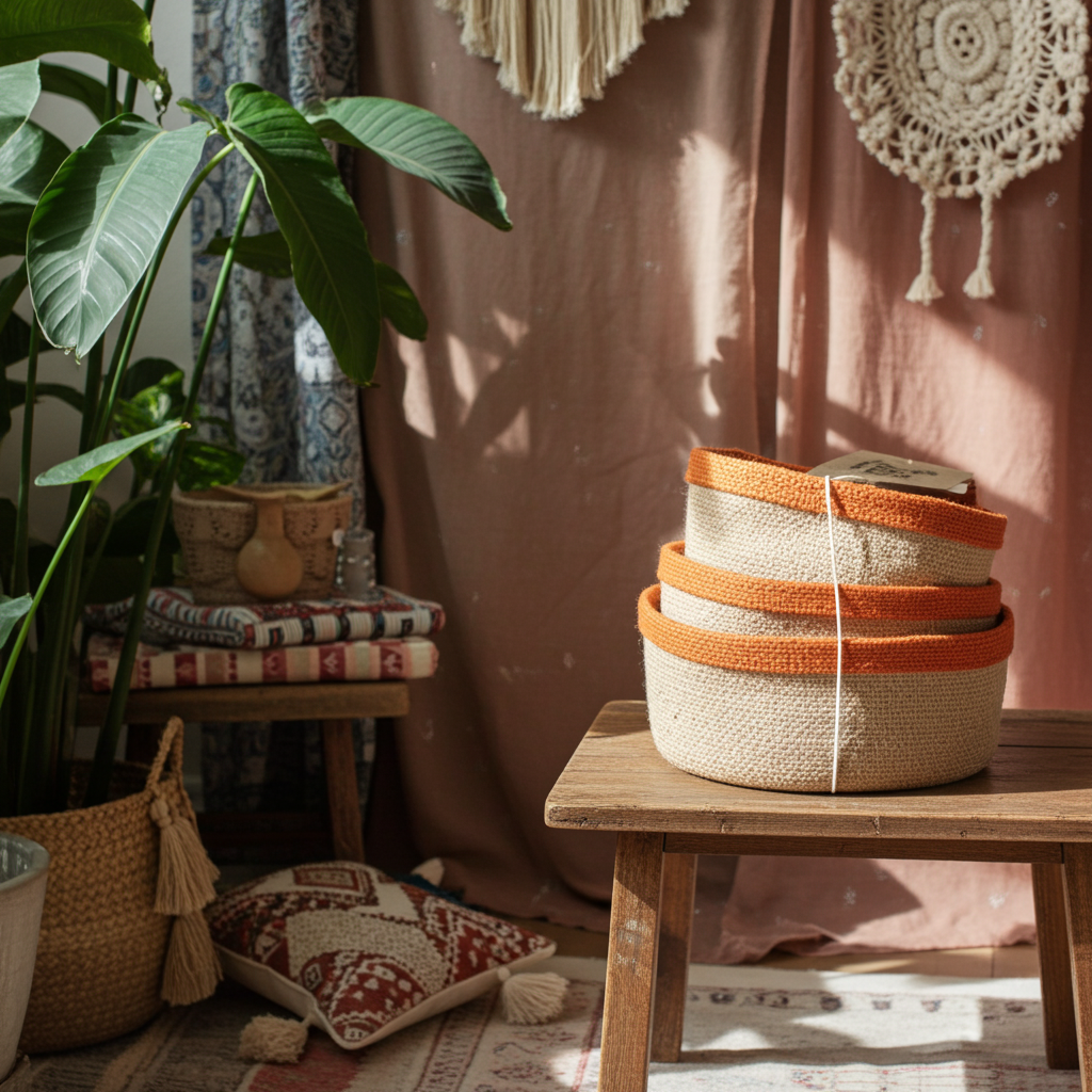 Set Of 3 Natural Jute Baskets - Artfully Curated Creations and identify whats in the image
