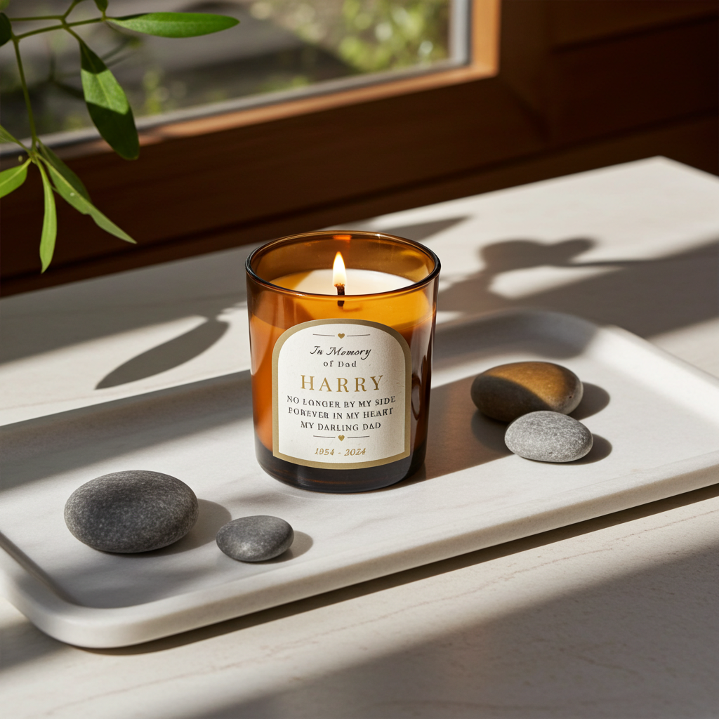 Personalised In Loving Memory Amber Glass Candle | A Comforting Memorial Keepsake - Artfully Curated Creations and identify whats in the image