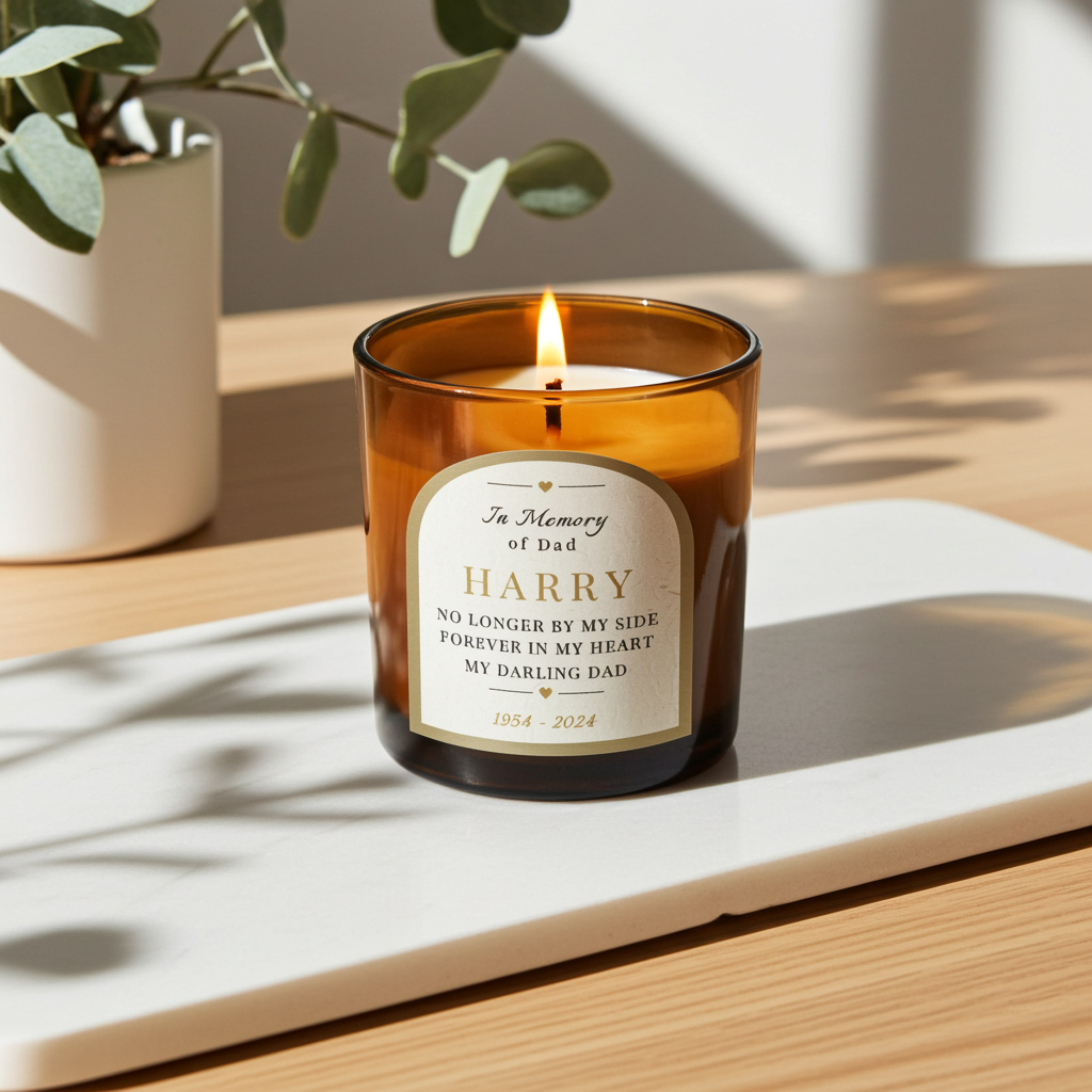 Personalised In Loving Memory Amber Glass Candle | A Comforting Memorial Keepsake - Artfully Curated Creations and identify whats in the image