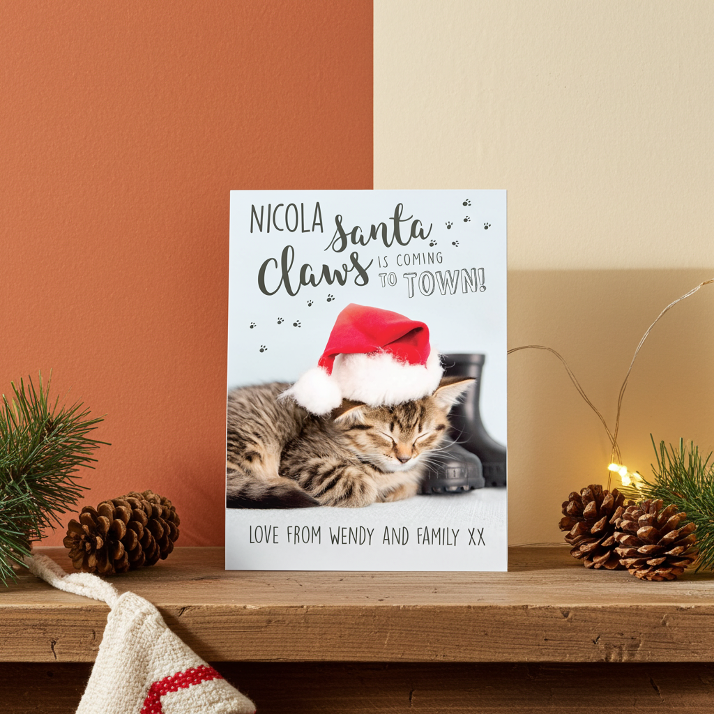 Personalised Rachael Hale “Santa Claws” Christmas Cat Card | The Purrfect Festive Surprise - Artfully Curated Creations and identify whats in the image
