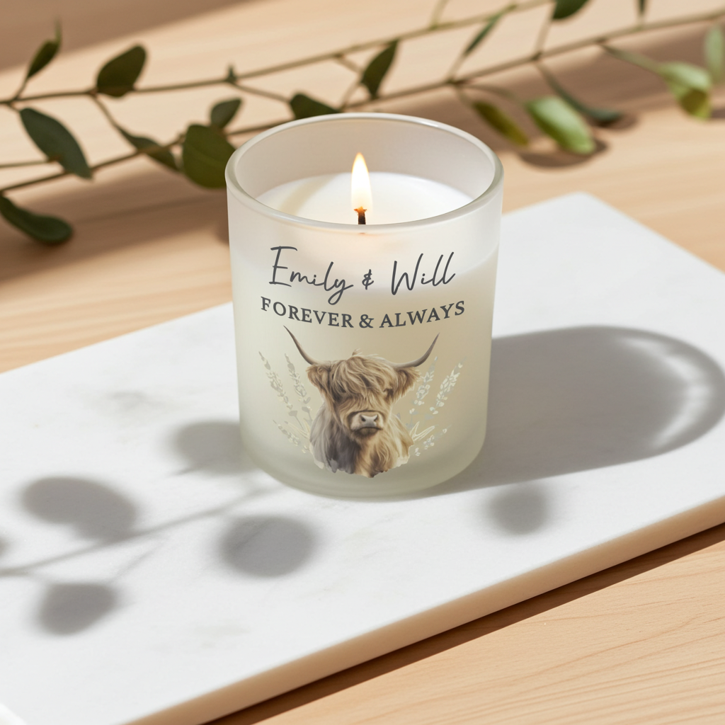 Personalised Highland Cow Vanilla Frosted Candle Jar | Custom Message Gift - Artfully Curated Creations and identify whats in the image