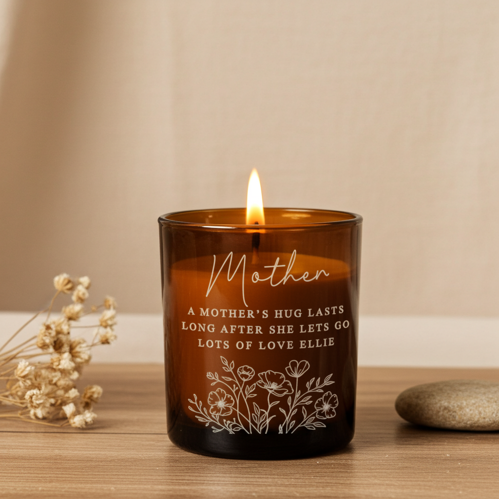 Personalised Floral Amber Glass Vanilla Candle Jar | Custom Message Gift for Any Occasion - Artfully Curated Creations and identify whats in the image