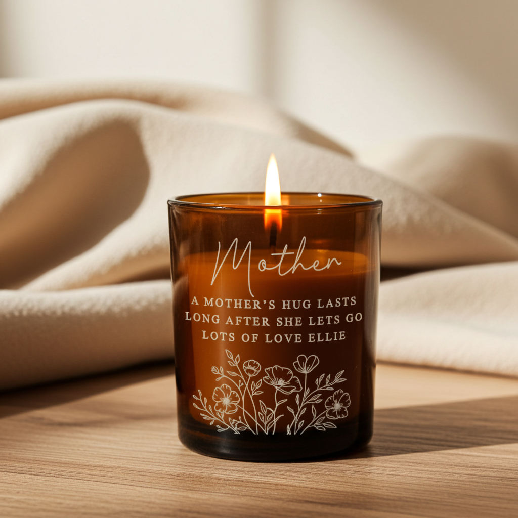 Personalised Floral Amber Glass Vanilla Candle Jar | Custom Message Gift for Any Occasion - Artfully Curated Creations and identify whats in the image