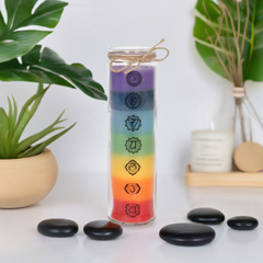 Tall 7 Chakra Candle Layered Rainbow Coloured Wax in Glass Jar Reiki Healing, Yoga Meditation Gift, Energy Balancing Decor