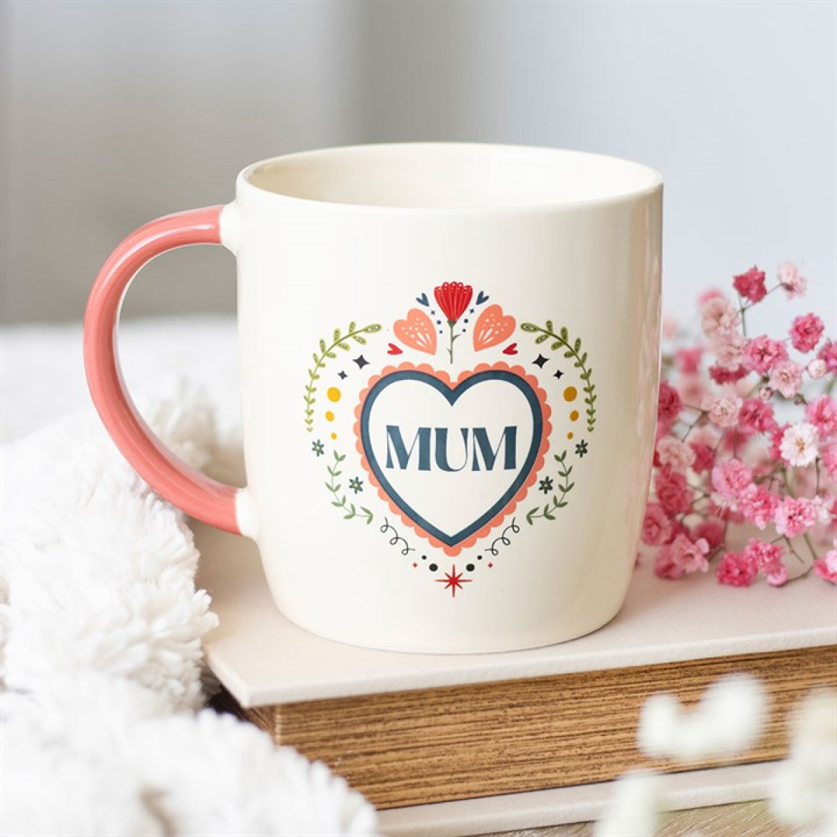 Mum Ceramic Mug with Folk Heart Design | 350ml | Mother’s Day Gift