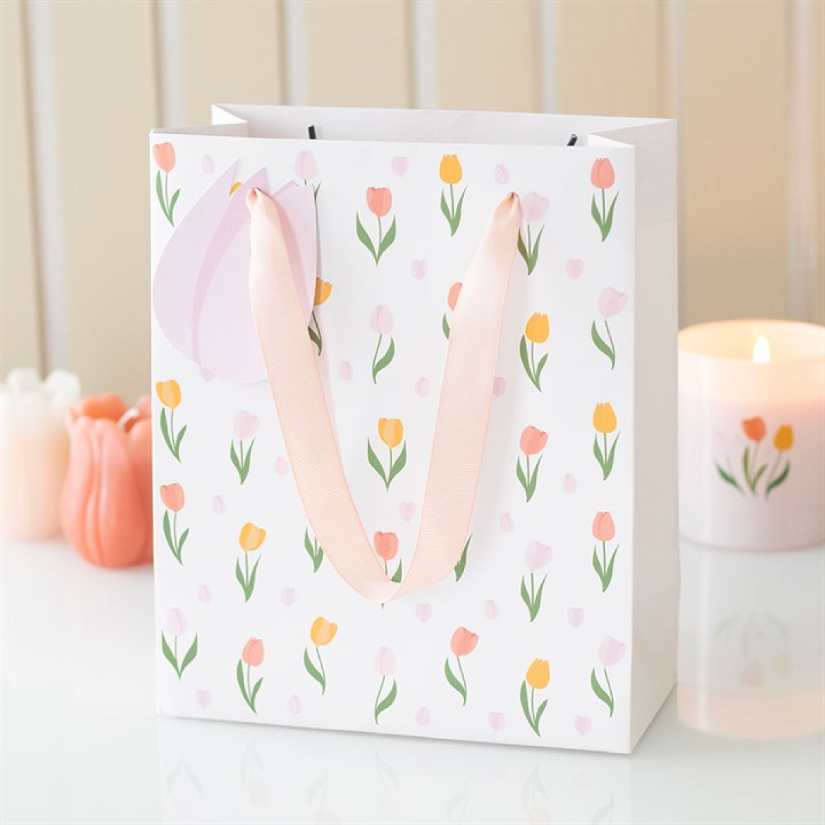 Tulip Gift Bag for Mum | Floral Paper Gift Bag | Mother’s Day Gift Packaging | 23cm | Bright Spring Design - Artfully Curated Creations and identify whats in the image
