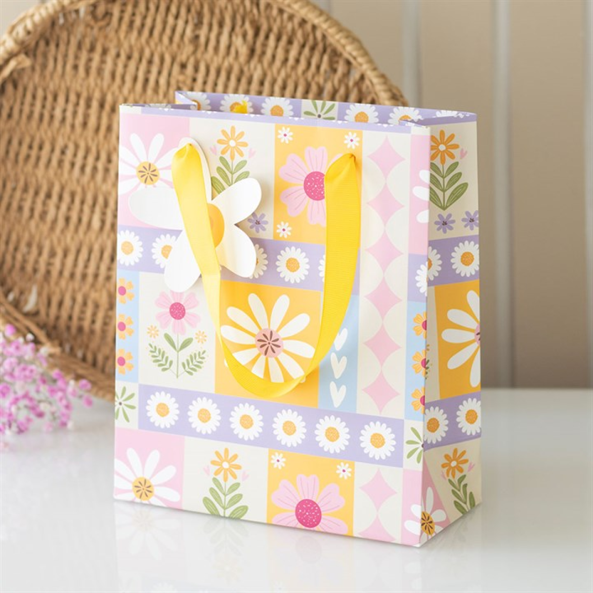 Floral Patchwork Gift Bag | 23cm Spring Paper Gift Bag | Daisy Tag & Ribbon Handles | Easter & Birthday Gift Packaging