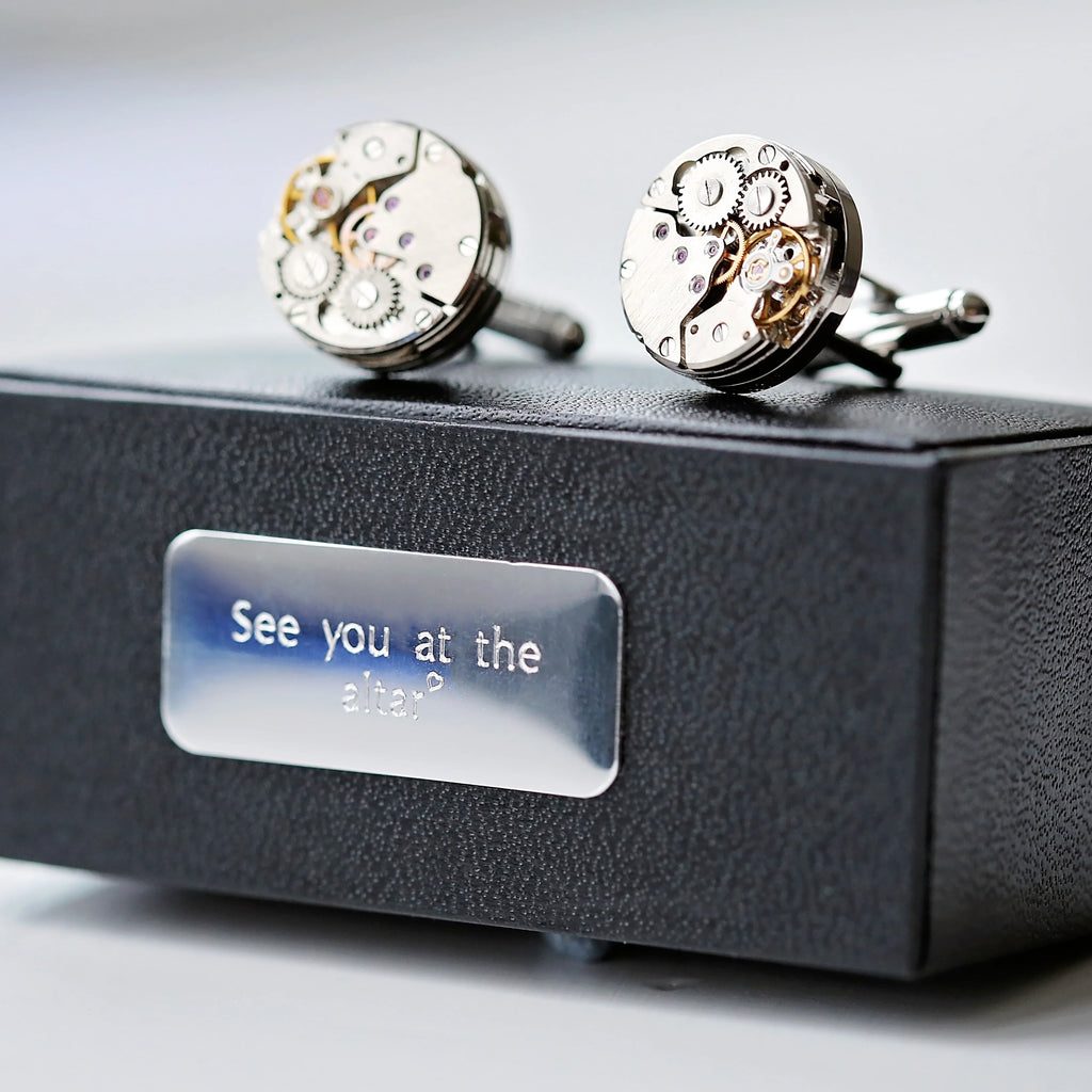 Personalised Engraved Gear Movement Cufflinks | Modern Font Engraved | A Personal Gift