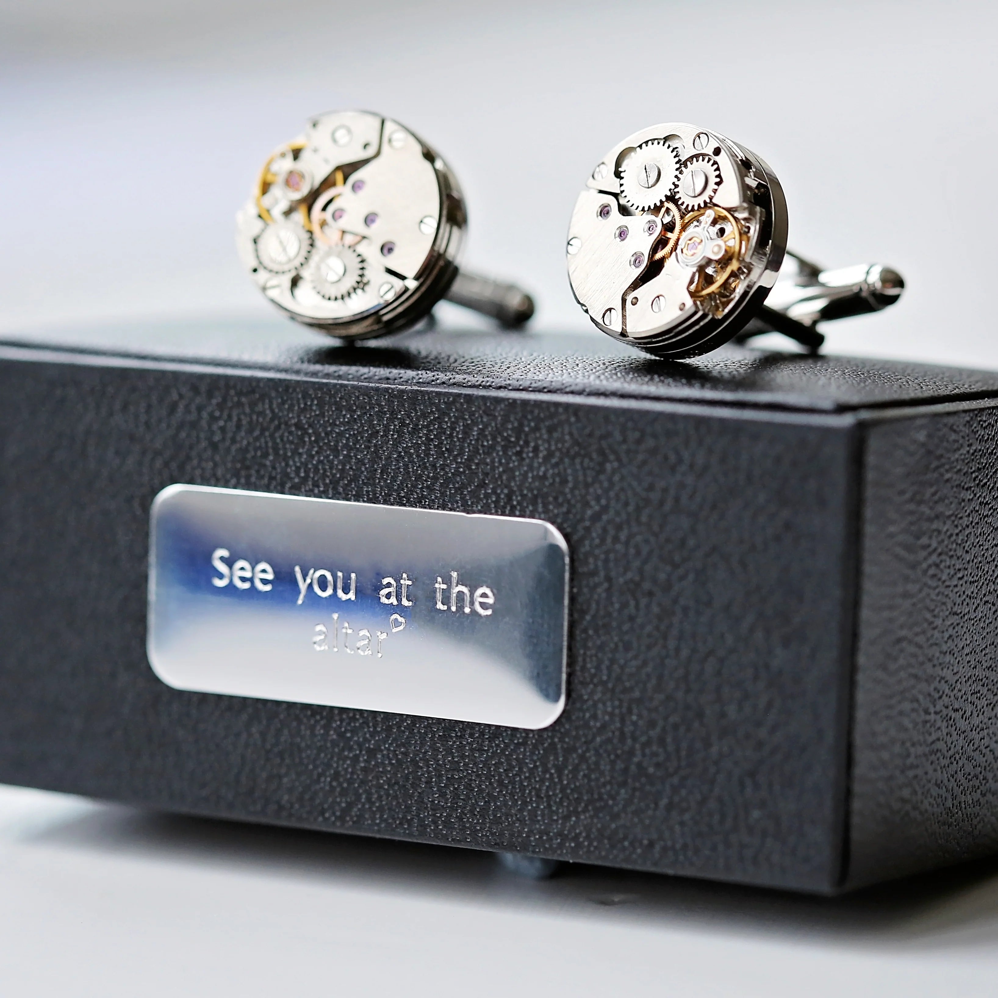 Personalised Engraved Gear Movement Cufflinks | Modern Font Engraved | A Personal Gift