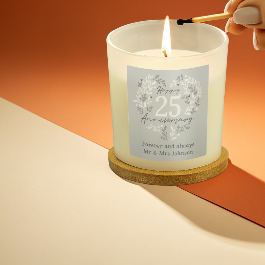 Personalised 25th Anniversary Vanilla Candle Jar | Silver Anniversary Keepsake - Artfully Curated Creations and identify whats in the image